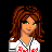 Pixel art of a female character with brown hair, green eyes, and red text on her shirt, next to a baseball bat icon.