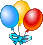 Pixelated image of three balloons tied with a blue bow, showing slight color variation between two identical frames.