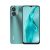 Pixelated image of a teal smartphone with a camera module on the back, displayed alongside its screen showing a blue abstract pattern.