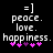 Pixelated text and symbols on black background with two identical static frames showing smiley face, peace, love, happiness, and pink/purple hearts.
