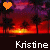 Pixelated sunset scene with palm trees, two heart icons above text reading 'Kristine' in white and orange.