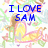Pixelated image with blue text reading "I LOVE SAM" and "MUCH!!!!!" over a colorful floral background featuring yellow heart shapes.