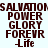 Two identical display stacked text: SALVATION, POWER, GLORY, FOREVR, Life with brown letters on light blue background; top has darker blue background, bottom has lighter blue background