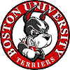 Boston University Terriers mascot dog in four circular red-and-white emblems with varying head angles and expressions.