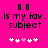 Bright pink background with black pixelated text reading 'B.B is my fav. subject' and a of five white/pink heart icons below
