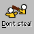 Pixel art of two yellow figures with white heads, one holding a brown object toward the other's head against gray background.