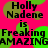 Static image with bright pink background and green circular shapes, displaying repeated text about Holly Nadene.