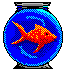 Nine pixelated fish in blue bowls, each fish in a different pose showing movement from left to right.
