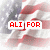 Red pixelated text 'ALI FOR PRESIDENT' on white rectangular backgrounds over a blurred American flag pattern with red and white stripes.