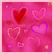 A static image of multiple heart shapes in various colors on a pink background with scattered small hearts and dots.