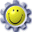 A static contact sheet of three identical animated frames showing a yellow smiley face icon with gear-shaped purple border on white background.