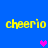 Blue background with four yellow 'cheerio' text blocks arranged in a and three pixelated hearts in pink and purple