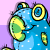 A 50x50 pixel animated buddy icon featuring a blue, star-spotted creature with large yellow-ringed eyes and green accents in two sequential frames showing slight pose changes against a purple-pink gradient background.
