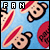 Pixelated icon shows two cartoon dog faces with red striped hats against light blue background, with 'FAN' text above left face.