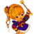 Pixelated cartoon character with orange hair in pigtails holding a golden staff, wearing a blue dress with red and green accents on white background.