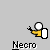 Animated contact sheet of 18 frames showing a yellow stick figure character performing various actions with white circular objects against a gray background, labeled "Necro" under each frame.