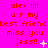 Pixelated red text on bright pink background reads 'alex !!!! u r my best friend miss you jess!!' with varying symbols next to 'jess!!'.