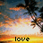 Pixelated sunset scene with orange and yellow sky transitioning to dark blue, featuring a white cloud-like shape and black tree silhouettes, with the word 'love' in black pixelated text at the bottom.