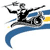 Pixelated figure in black silhouette rides a blue wave-like shape with yellow accents, arms outstretched, holding a white object in one hand.