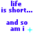 Blue text on white background reads 'life is short...' and 'and so am i' with cyan symbols changing across frames.