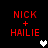 Red pixelated text 'NICK + HAILIE' on black background with a heart symbol changing from white to gray across frames.
