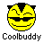 Static pixel art icon of a yellow smiley face with black sunglasses and cat ears, labeled "Coolbuddy" below in block letters on gray background.