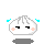 Pixelated white cloud-shaped character with black eyes, pink cheeks, and gray hair-like spikes under blue water droplets on a gray background.