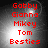 Red text on a dark gray gradient background with a bright white circular highlight, displaying names vertically in pixelated font.