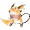 Animated sequence of a yellow and brown dragon-like creature with large ears and a curled tail, holding various small objects in its mouth against a white background.