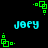 Pixelated cyan text 'joey' appears in four positions on a black background, surrounded by green square-based animated elements that shift between four distinct configurations.