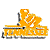 Pixelated orange and gray icon depicting a stylized vehicle with a large circular element on top, possibly a bus or train, with visible text elements on its side.