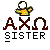 Pixelated icon with a crown above stylized text 'AXΩ' and 'SISTER' below, on gray background.