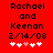 Red background with black pixelated text reading 'Rachael and Keenan 2/14/08' above five white hearts, one pink heart in the center.