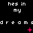 Black background with repeated white text 'hes in my' and 'dreams' in pixelated font, interspersed with pink plus signs and X symbols that change position and form across frames.