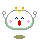 A 4-frame pixel art animation of a white round character with green border, orange antennae, pink cheeks, and red mouth in various expressions on gray background.