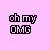 Pixelated text 'oh my OMG' on pink background with animation variations in letter color and spacing.