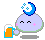 Pixelated character with light purple body, blue crescent moon on head, holding orange beer mug with white foam, closed eyes, pink cheeks, and green outline.