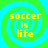 Four identical display yellow text 'soccer is life' over a green and cyan spiral background with no visible animation changes