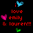 Pixelated text and heart icons on black background: red 'i' with blue heart, red 'love', pink heart, red 'emily', red '&', red 'lauren!!!', green heart.
