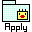 Pixelated yellow square face with red mouth and black eyes inside light blue folder icon, six variations of 'Apply' text below.