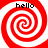 Four identical red and white spiral patterns arranged in a , each with the word 'hello' above it