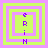 Four square display a pixelated animation of nested green and purple squares with vertical purple text 'e R i H' on a pink background