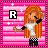 Pixel art of a girl with long orange hair, white crop top, black checkered pants, and black arm sleeves against a pink striped background with white stars.