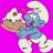 Pixelated cartoon character with blue body and white hat on bright pink background surrounded by repeated "la LA" text in black pixel font.