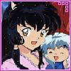 Anime-style character with black hair and pink clothing holding a smaller blue-haired figure, displayed in four