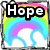 A rainbow arches over white clouds with a black text box reading "Hope" on the left side of the image.