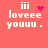 Pixelated pink background with white text 'loveee youuu .' and three vertical bars above, featuring animated pink heart and dot patterns.
