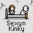 Pixel art animation of two figures on a bed, one with brown hair holding a white object, the other with a white head, text "Sexyn Kinky" below.