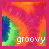 Pixelated abstract background with swirling orange, pink, and green patterns; white text 'groovy' appears in the bottom-left corner of one frame.