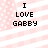 Pixelated text 'I LOVE GABBY' on a pink and white striped background with small dots.